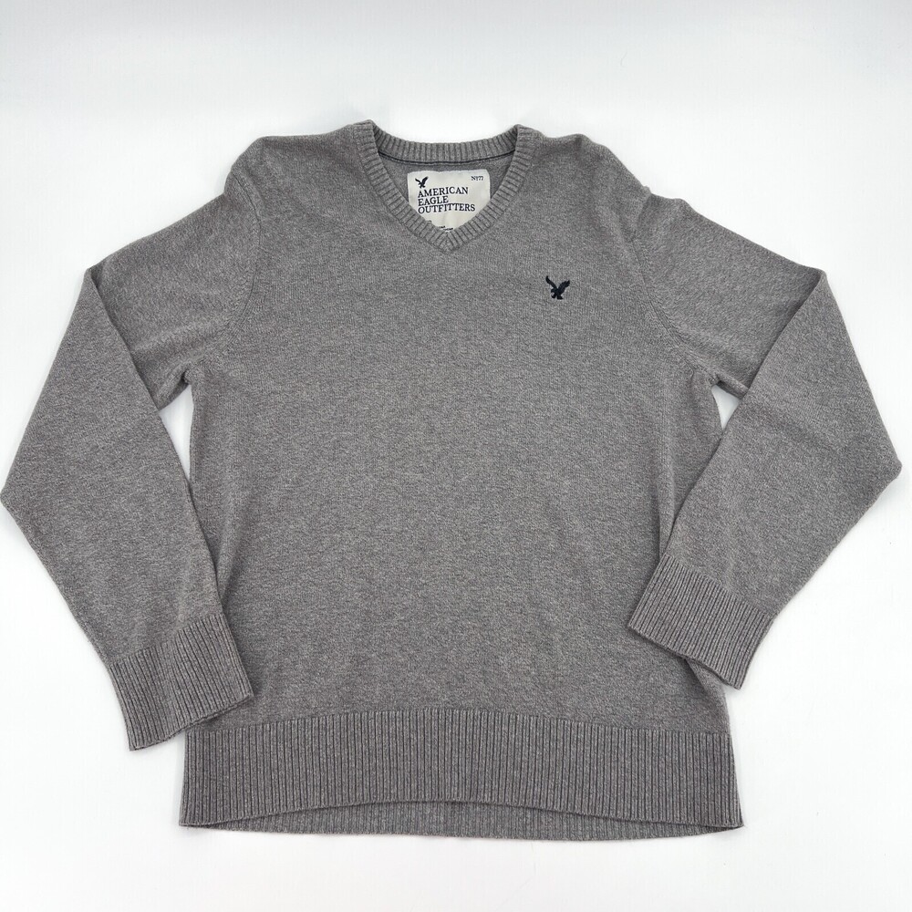 American Eagle AEO Sweater mens Large Grey Pullover V-Neck Logo Knit Outdoor - Picture 1 of 9